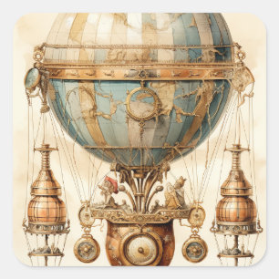 Vintager Steampunk Blue Hot Air Ballon (3) Quadratischer Aufkleber