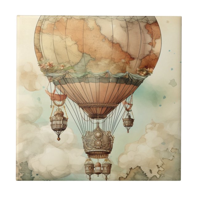 Vintager Steampunk-Heißluftballon (5) Fliese (Vorderseite)