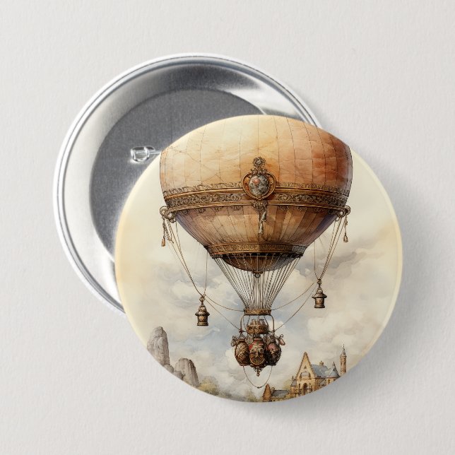 Vintager Steampunk Heißluftballon Button (Vorne & Hinten)