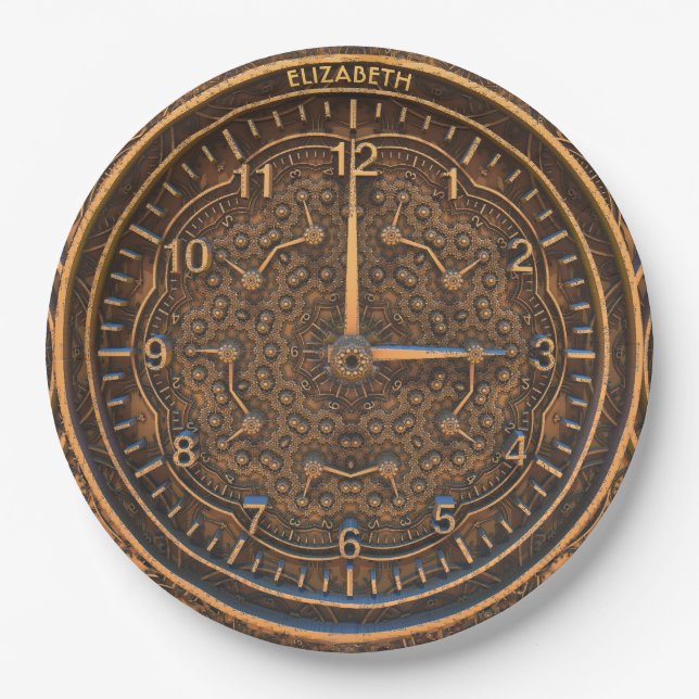 Vintager Steampunk Retro Rusty Art Déco Uhr Pappteller (Vorderseite)