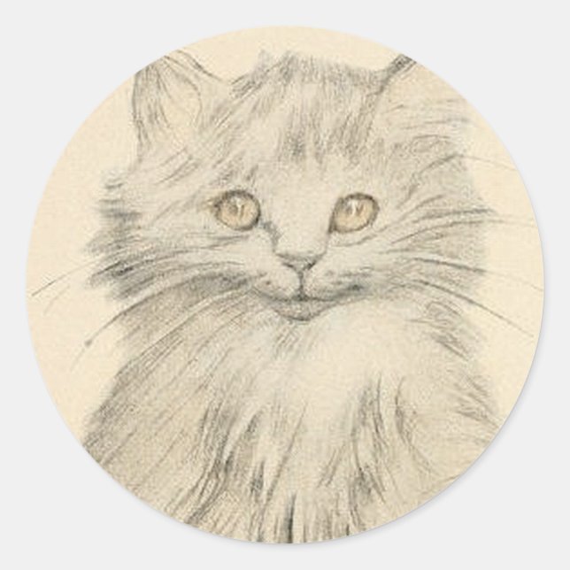 Vintager Stift Zeichnend Katzenportraitaufkleber Runder Aufkleber (Vorderseite)