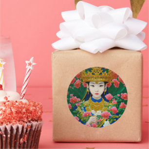 Vintager Stil Abstraktes Asiatisches Mädchen mit B Runder Aufkleber