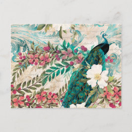 Vintager Stil Aquamarin Pfau und Rosa Blüten Postkarte