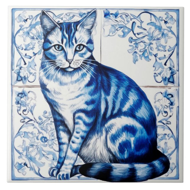 Vintager Stil Blue Delft Cat Keramik Tile. Fliese (Vorderseite)