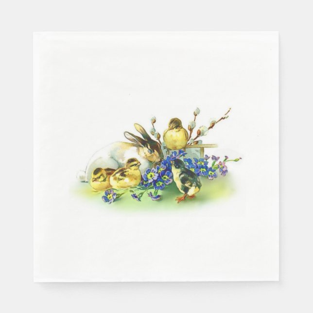 Vintager Stil Bunny & Chicks Osterpapier Napkins Serviette (Vorderseite)