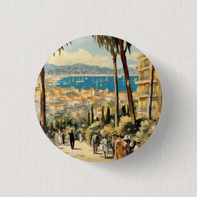 Vintager Stil Cannes Französisch Reisen Wasserfarb Button (Vorderseite)
