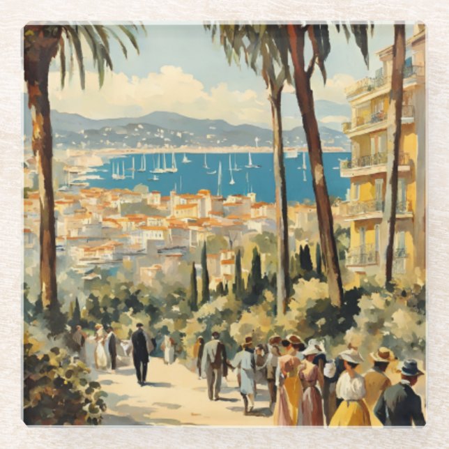Vintager Stil Cannes Französisch Reisen Wasserfarb Glasuntersetzer (Vorderseite)
