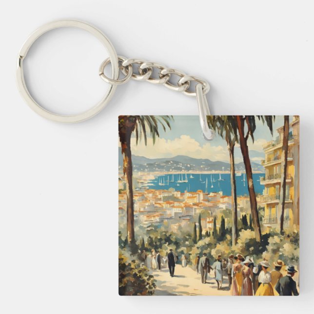 Vintager Stil Cannes Französisch Reisen Wasserfarb Schlüsselanhänger (Vorderseite)