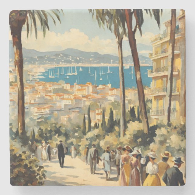 Vintager Stil Cannes Französisch Reisen Wasserfarb Steinuntersetzer (Vorderseite)
