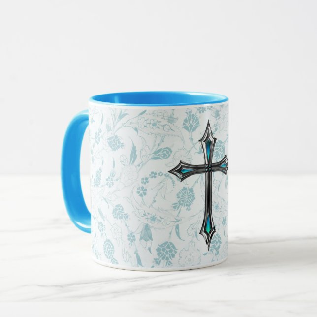 Vintager Stil Glaubenskreuz im Blue Tasse Cup (Vorderseite Links)