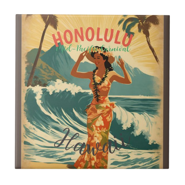 Vintager Stil Hawaiian Travel Honolulu Mittelpazif Fliese (Vorderseite)
