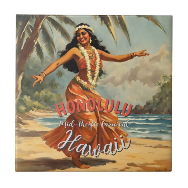 Vintager Stil Hawaiian Travel Honolulu Mittelpazif Fliese (Vorderseite)