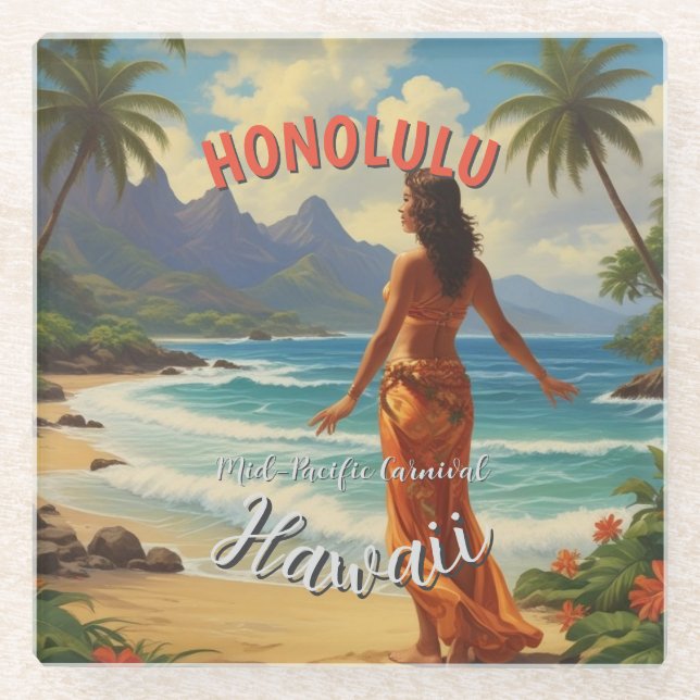 Vintager Stil Hawaiian Travel Honolulu Mittelpazif Glasuntersetzer (Vorderseite)