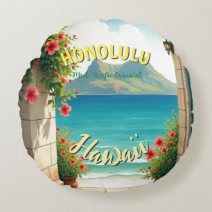 Vintager Stil Hawaiian Travel Honolulu Mittelpazif Rundes Kissen