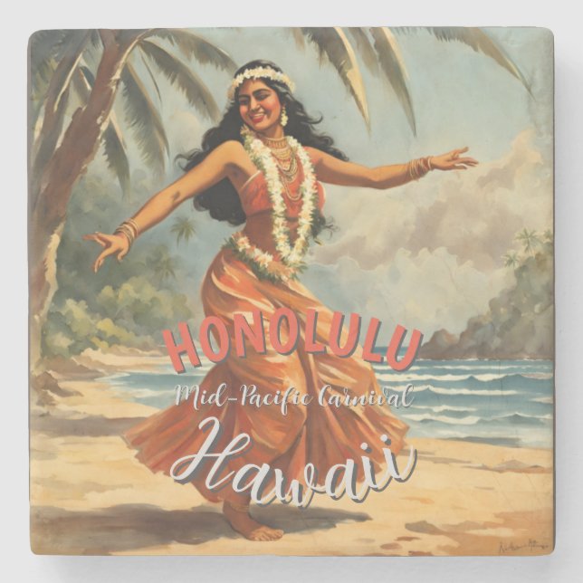 Vintager Stil Hawaiian Travel Honolulu Mittelpazif Steinuntersetzer (Vorderseite)