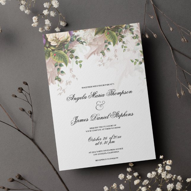 Vintager Stil lila-grüne Elfenbeinblütenhochzeit Einladung (Vintage style purple green ivory floral wedding invitation )