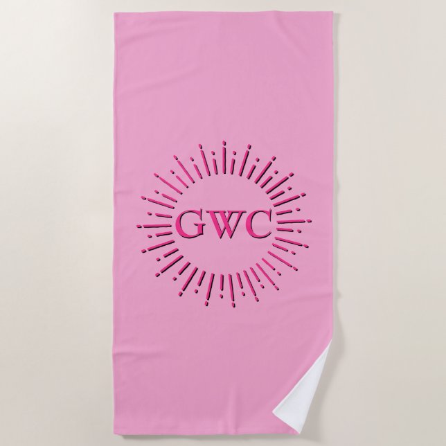 Vintager Stil Pink Sun Burst Custom Monogram Strandtuch (Vorderseite)