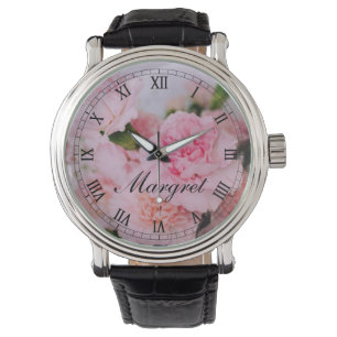 Vintager Stil rosa Blumenkunst Foto Armbanduhr