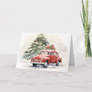 Vintager Stil Rote Auto und Weihnachtsbaumgrüße Karte