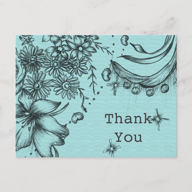 Vintager Stil Schwarz-Blau-Blumen Vielen Dank Postkarte (Vorderseite)