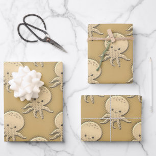 Vintager Stil Sepia Baby Octopus Muster Geschenkpapier Set