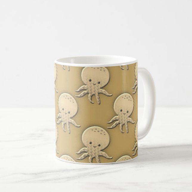 Vintager Stil Sepia Baby Octopus Muster Kaffeetasse (VorderseiteRechts)