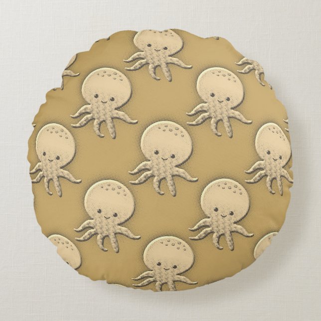 Vintager Stil Sepia Baby Octopus Rundes Kissen (Vorderseite)