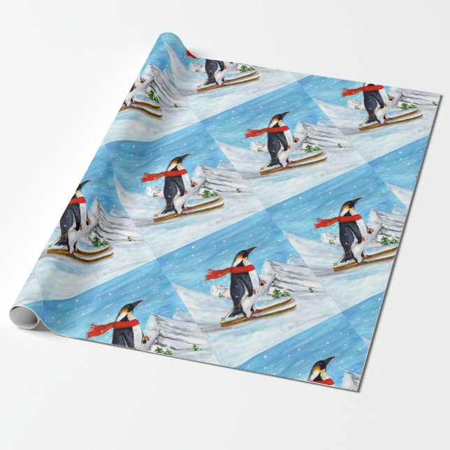 Vintager Stilpinguin Skifahren Geschenkpapier (Ungerollt)