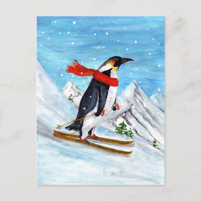 Vintager Stilpinguin Skifahren Postkarte (Vorderseite)