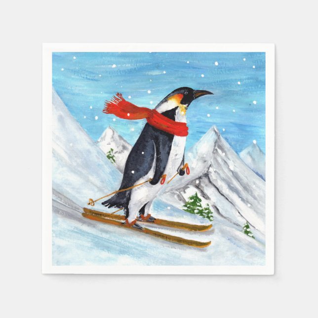 Vintager Stilpinguin Skifahren Serviette (Vorderseite)