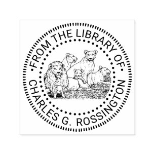 Vintager Stolz auf Löwen Zeichnend Bibliotheksname Permastempel