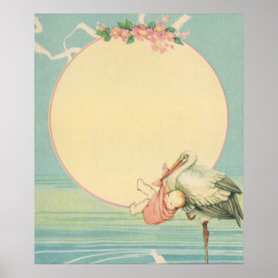 Vintager Storch mit Baby Girl in rosa Blanket Poster