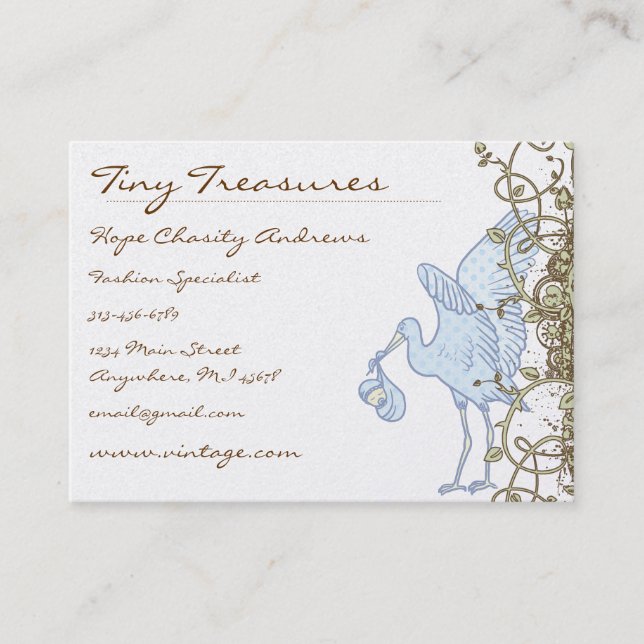 Vintager Storch mit Babywirbeldesign Visitenkarte (Vorderseite)