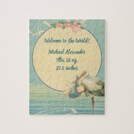 Vintager Stork Carry Baby Boy in Blue Blanket Puzzle
