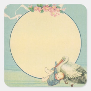 Vintager Stork Carry Baby Boy in Blue Blanket Quadratischer Aufkleber