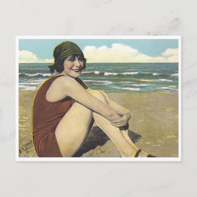 Vintager Strand 20er Flapper Sonnenbadewanne Postkarte (Vorderseite)