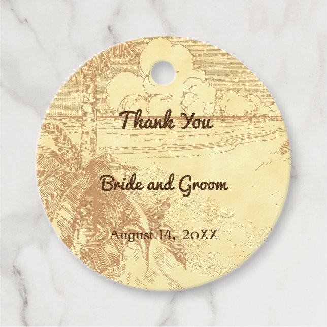 Vintager Strand und Palmen Etching-Tag Geschenkanhänger (Vorderseite)