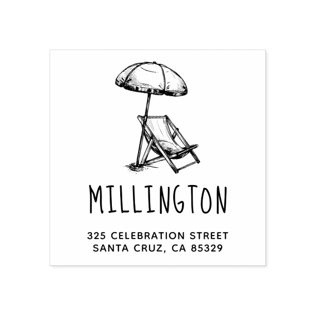 Vintager Strandstuhl und Rücksendeadresse Umbrella Gummistempel (Prägung)