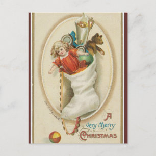 Vintager Strumpf Doll Teddy Bär Weihnachten Postkarte