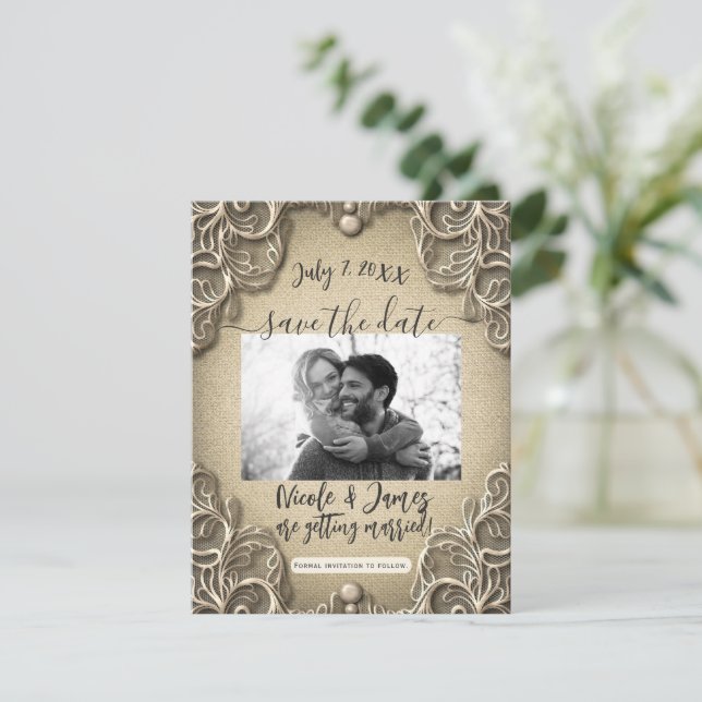 Vintager Südteil Burlap Lace Save the Date Einladung (Stehend Vorderseite)