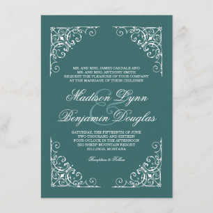 Vintager Swirl Frame Aqua Hochzeitsempfang Einladung