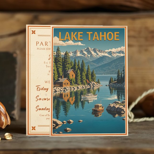Vintager Tahoe Bachelorette Wochenende Rustikal Einladung (Vintage-inspired Lake Tahoe destination bachelorette weekend invitation in travel poster style.)