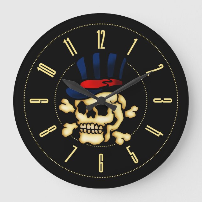 Vintager Tattoskull in Ober-Hut Große Wanduhr (Vorderseite)