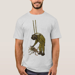 Vintager Taucher mit Tauchhelm und Tintenfisch T-Shirt