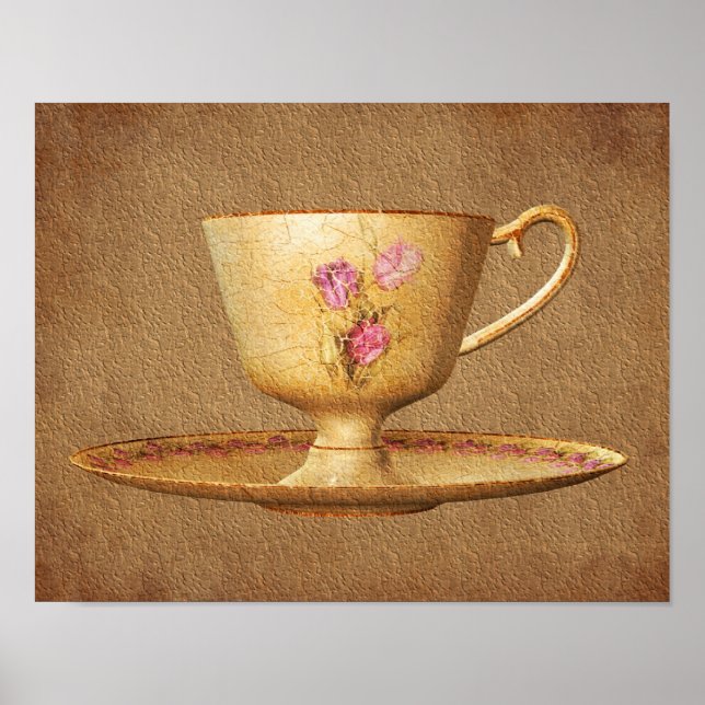 Vintager Teacup auf älteren Kunstwerken Poster (Vorne)
