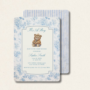 Vintager Teddy Bär, Französisch Toile Blue Floral Einladung