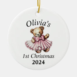 Vintager Teddy Bear Pink 1. Weihnachten Personalis Keramik Ornament