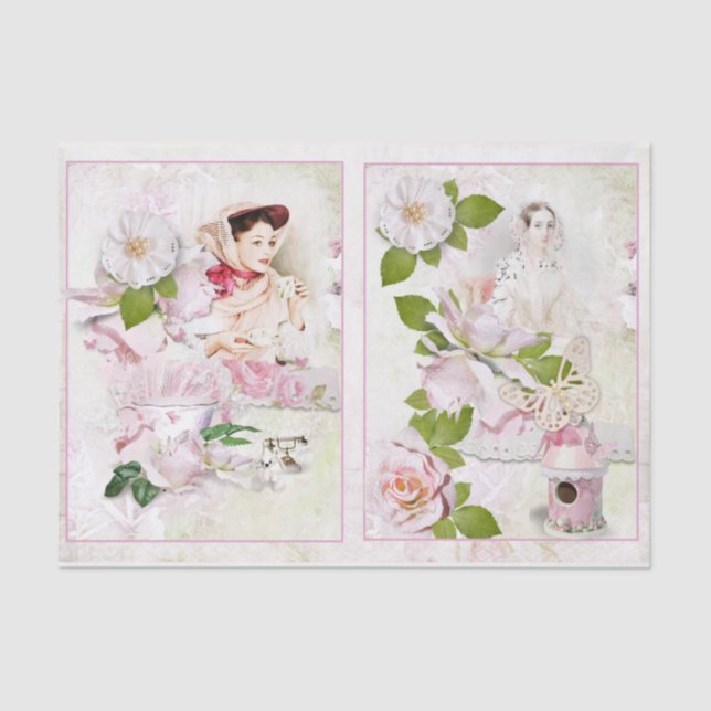 Vintager Tee Rosa Blumenvogel - Deko Seidenpapier (Vorderseite)