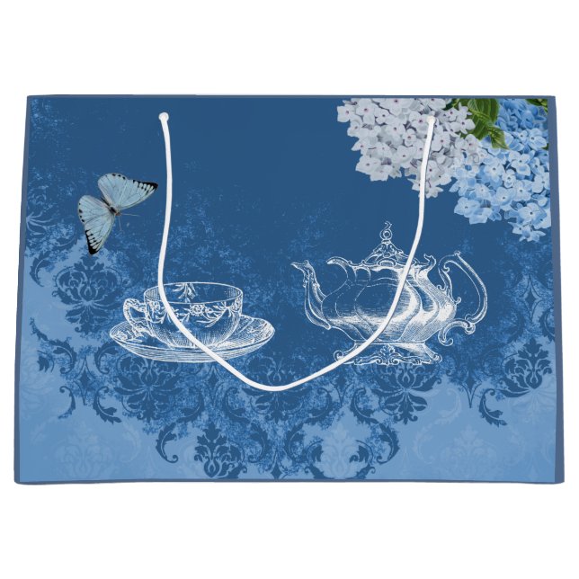 Vintager Teekannehydrangea-blaue Große Geschenktüte (Vorderseite)
