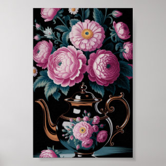 Vintager Teekessel und blühende Mauer Poster
